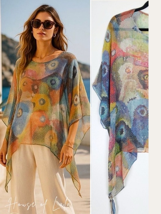 Tops - 100% Silk  Abstract Art-to-Wear – Boho Feminine Sheer Vacation Summer Top